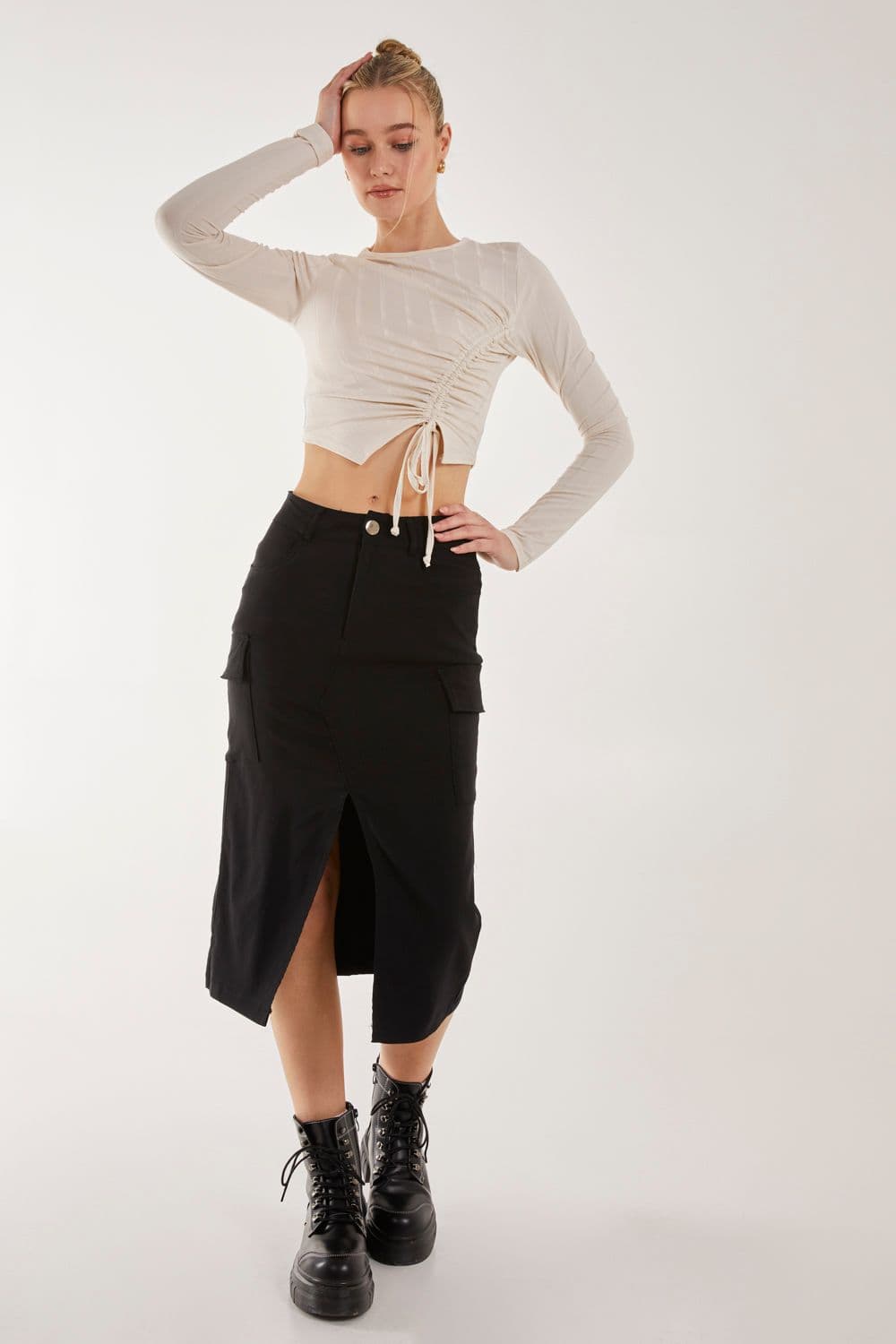 Pink Vanilla Women's Utility Cargo Midi Slit Skirt in Black
