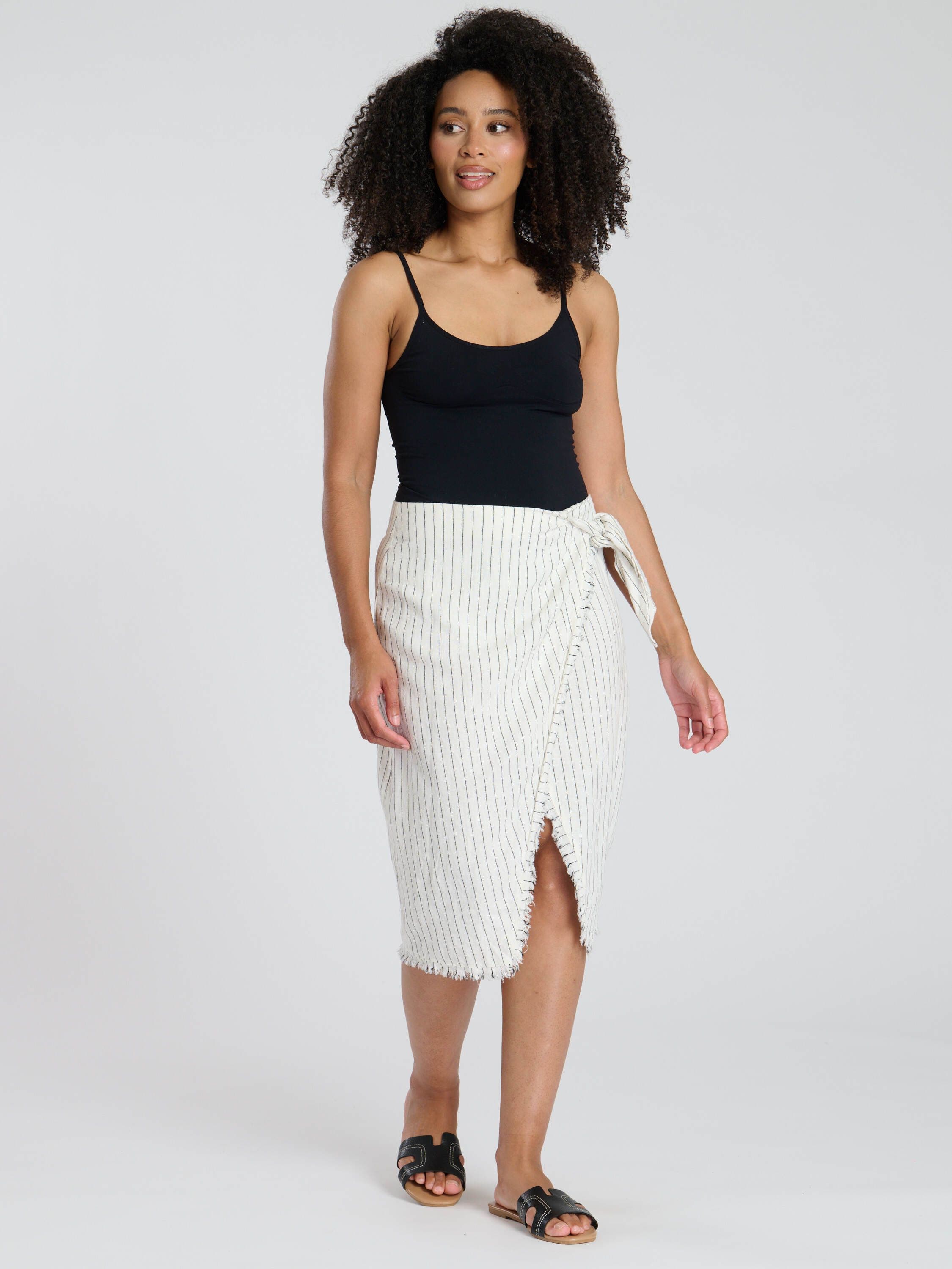 South Beach Women's Stripe Linen Blend Fringe Wrap Skirt in Cream