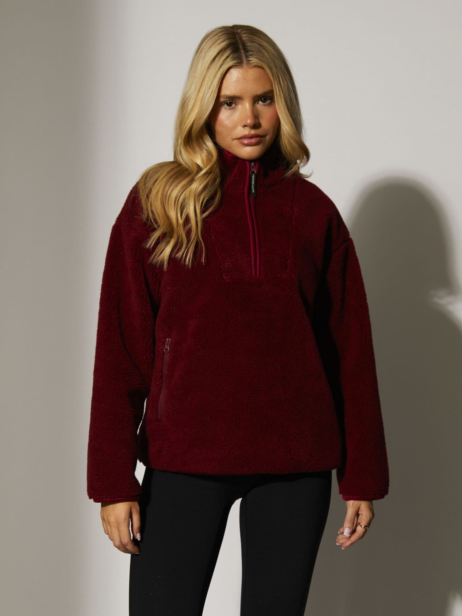 South Beach Women's Borg Quarter Zip Jacket in Burgundy