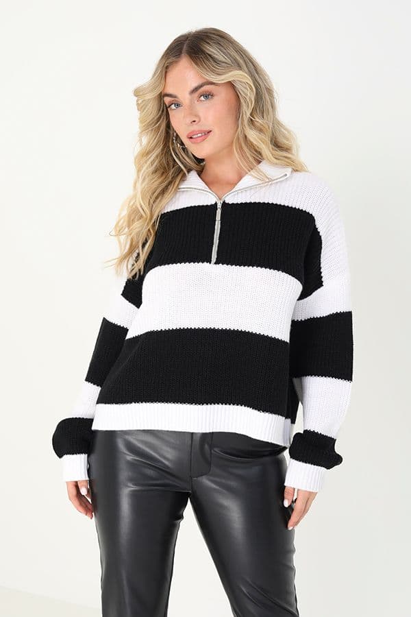 Brave Soul Women's Striped Knitted Jumper With Zip Neck in White