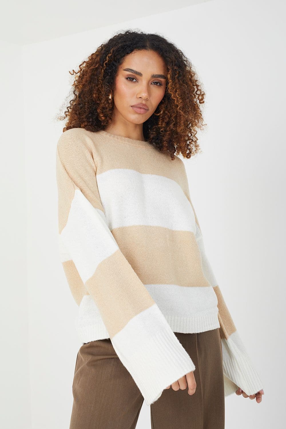 Brave Soul Women's Striped Lightweight Knitted Jumper in Beige