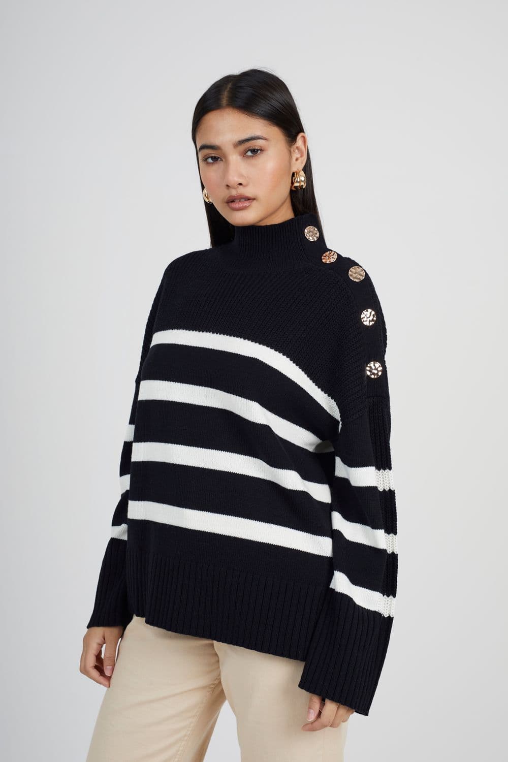 Brave Soul Women's Button Detail Striped Turtleneck Jumper in Black