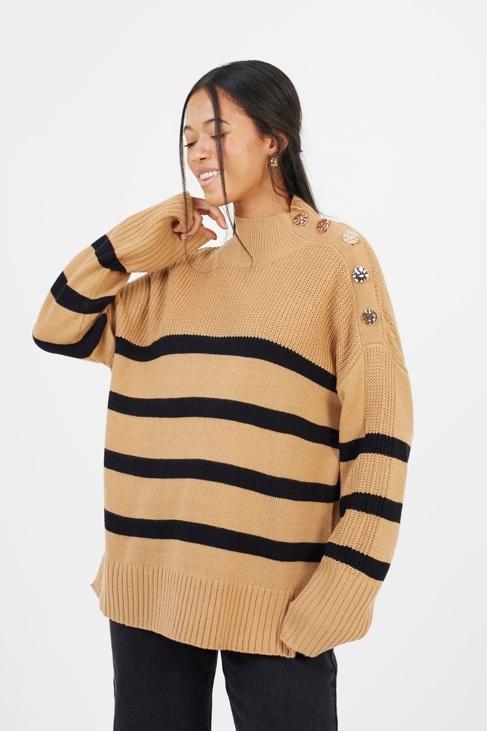Brave Soul Women's Button Detail Striped Turtleneck Jumper in Camel